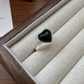 S925 sterling silver adjustable ring with black agate heart design and open mouth construction