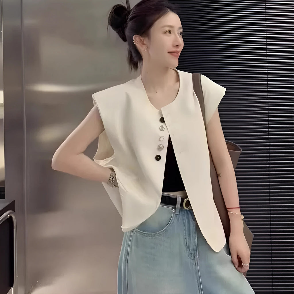 Women's Milky White V-neck polyester vest with side pockets, shown on a model.