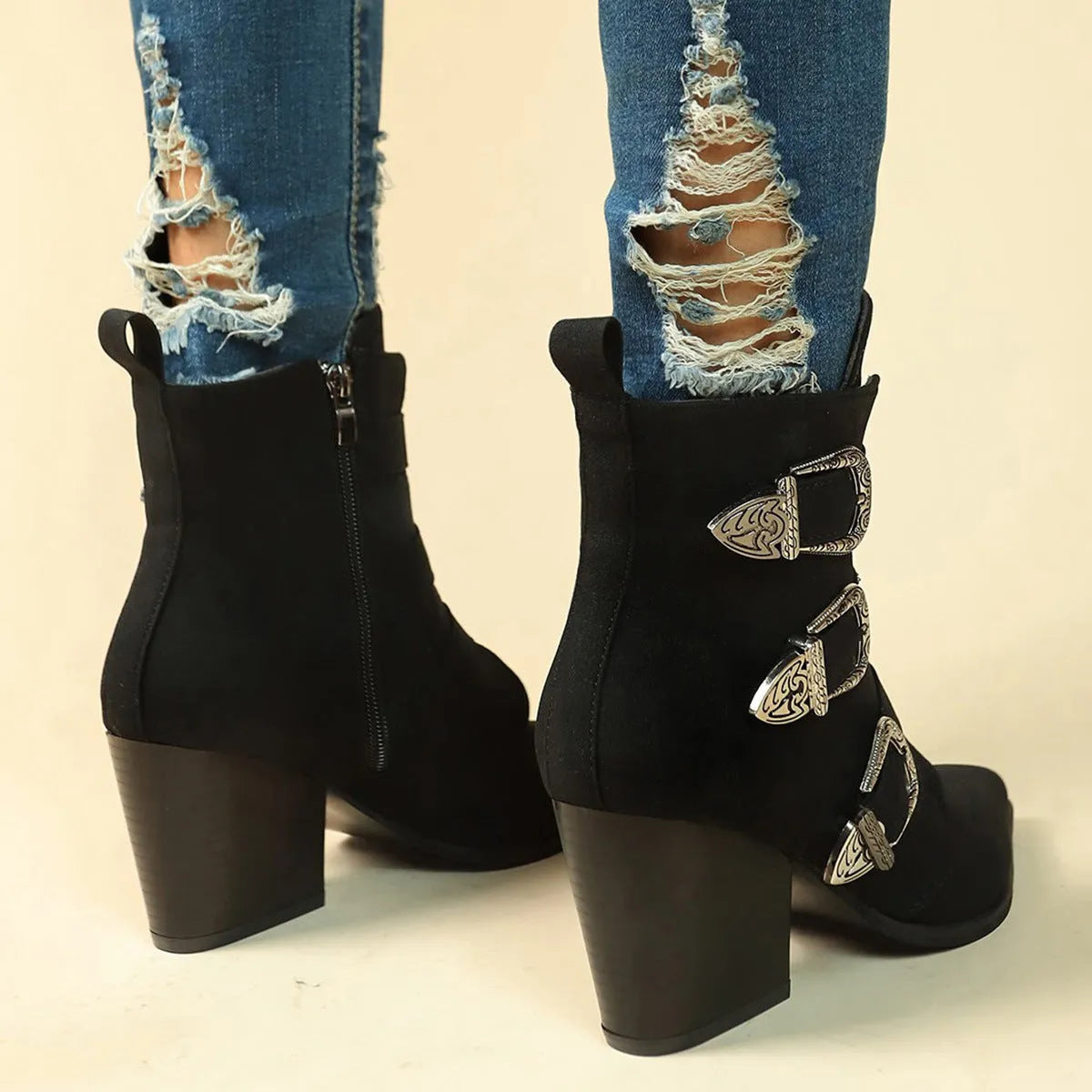 Chunky heel pointed toe retro buckle boots for women, artificial PU, black or light brown