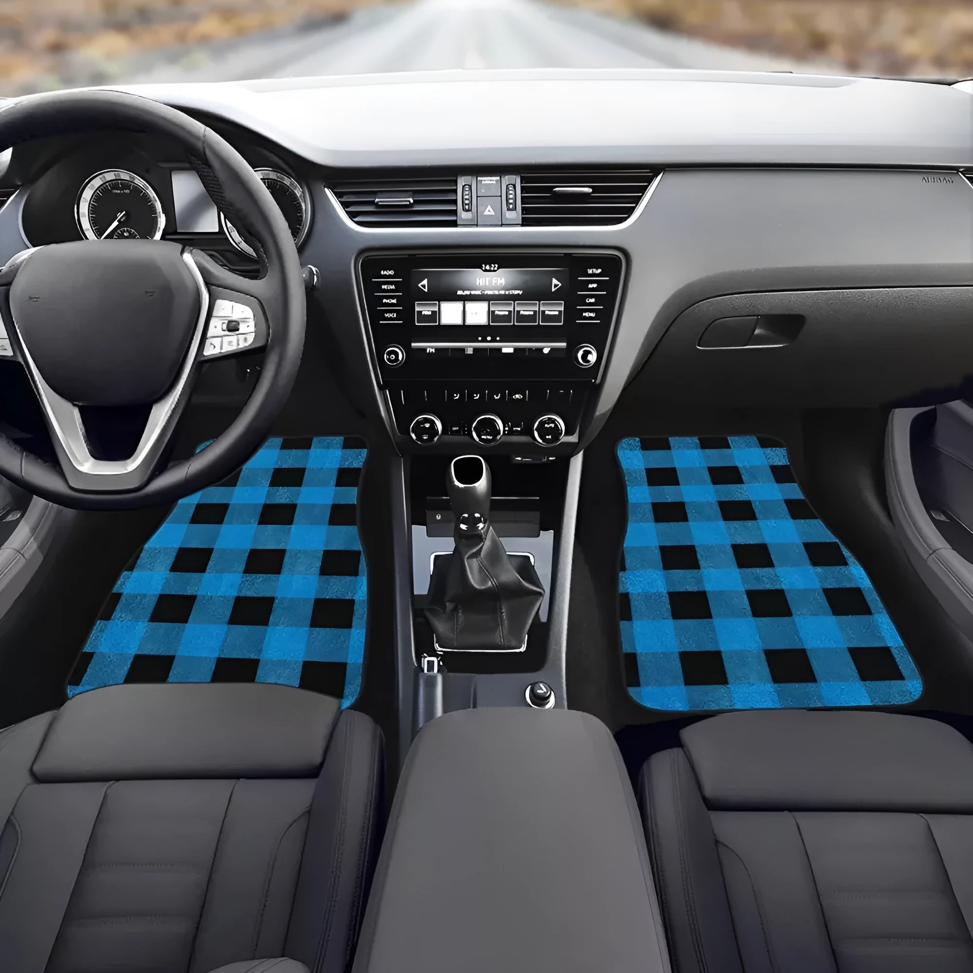 Black rubber car floor mats four-piece set showing textured surface and 20mm thickness.