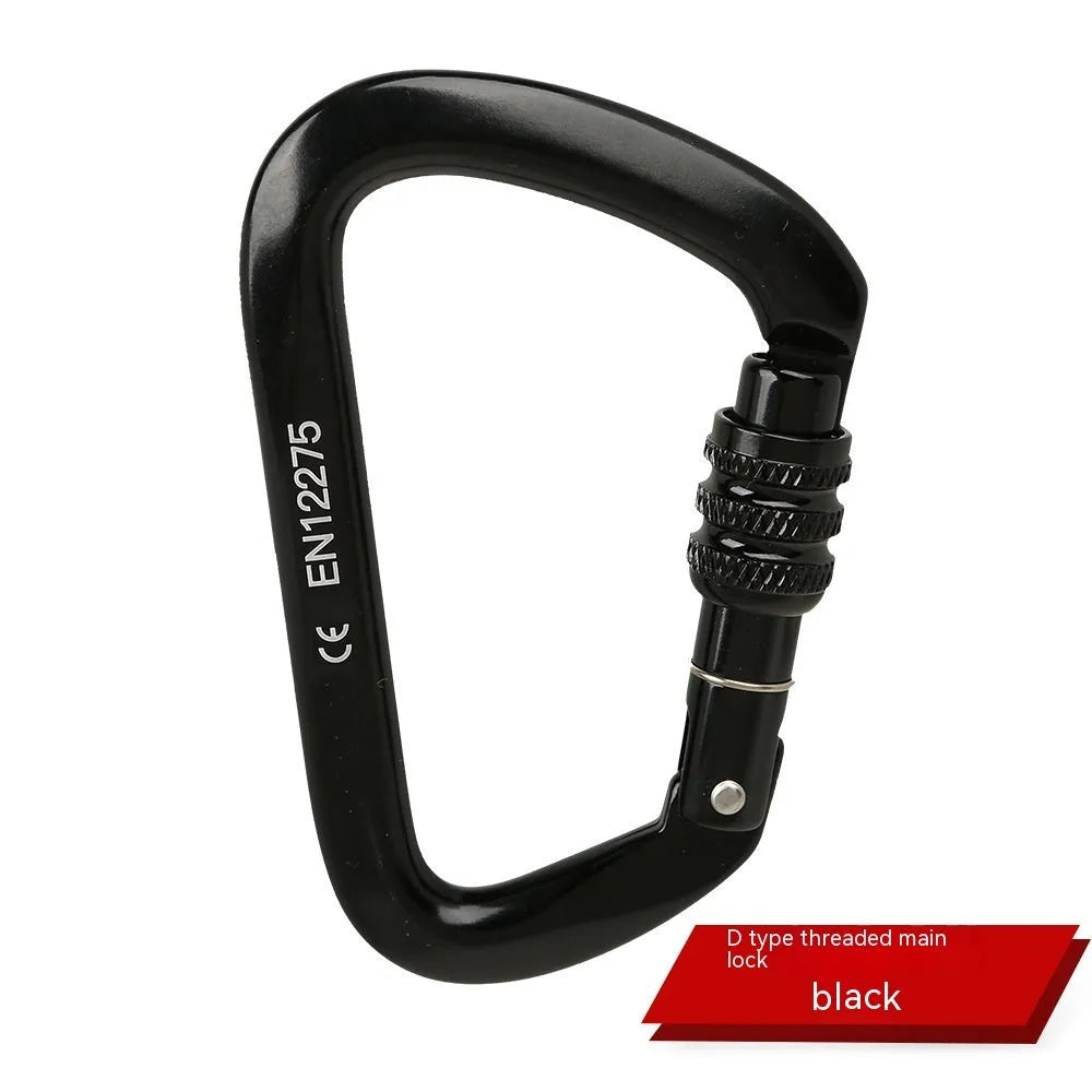 D-shaped climbing carabiner lock with automatic or threaded gate in colours: black, blue, orange, red, silver red.