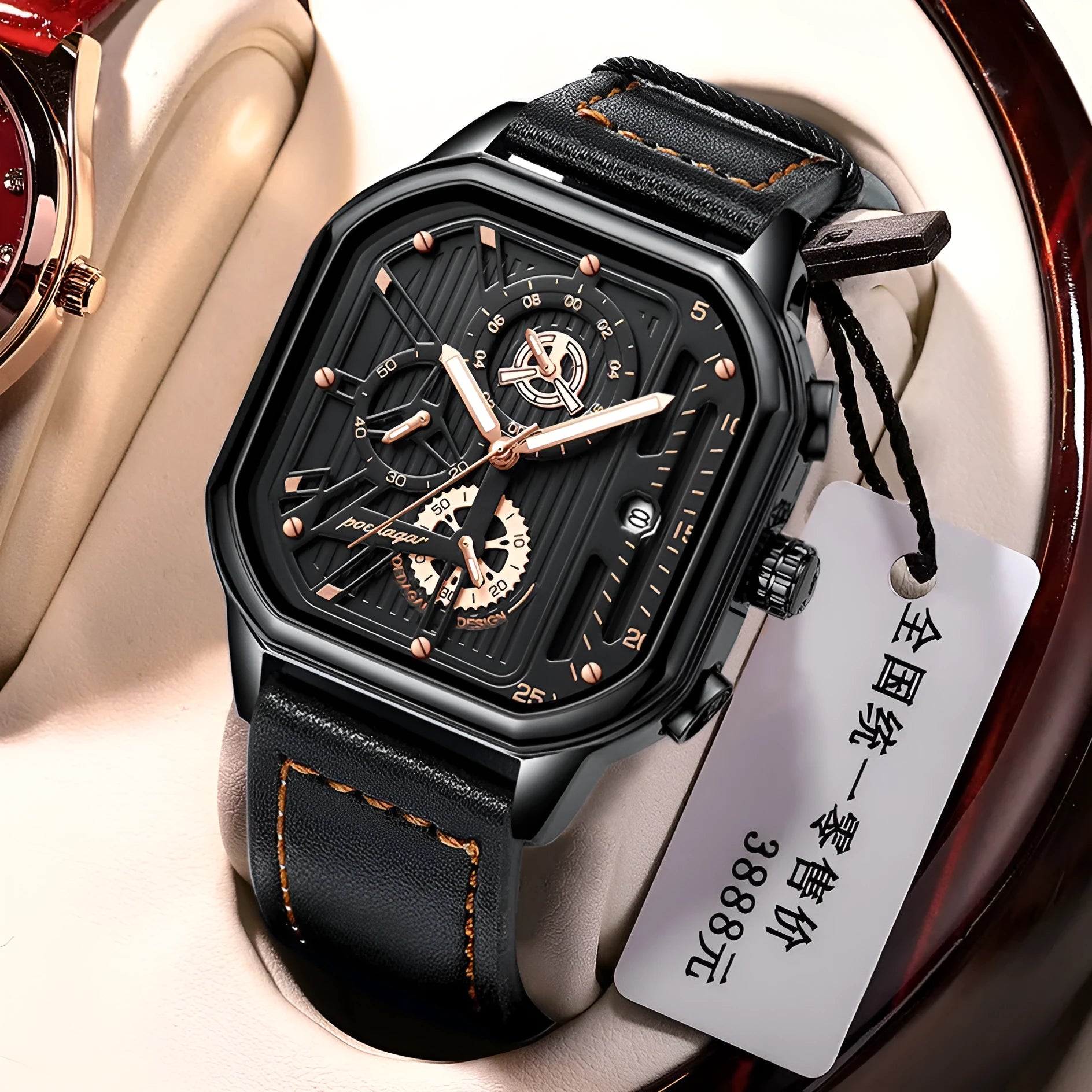 Men's multifunctional quartz watch with belt-style strap showing black shell with gold nails design