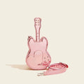 Guitar-shaped silver crossbody shoulder bag showing front pocket and adjustable strap
