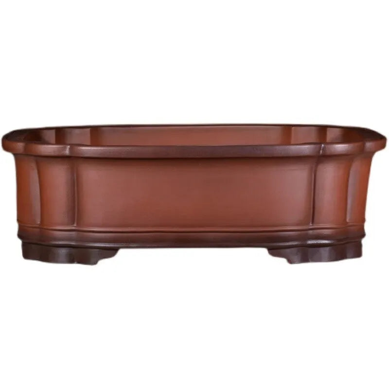 Large rectangular antique-finish purple clay flower pot in Chinese style.