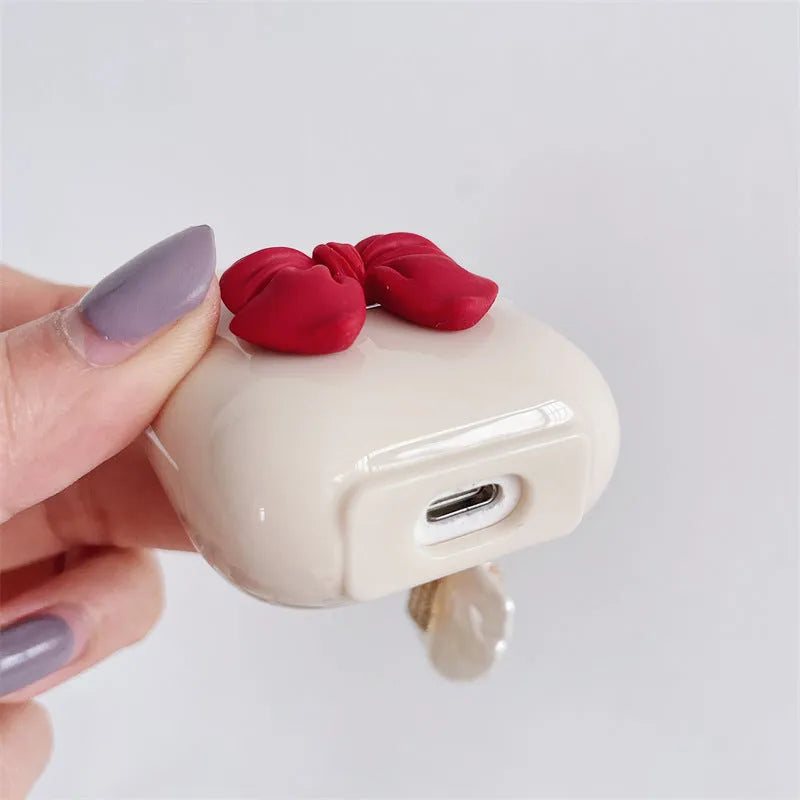 Beige red bow shell TPU clamshell case for AirPods wireless earphones