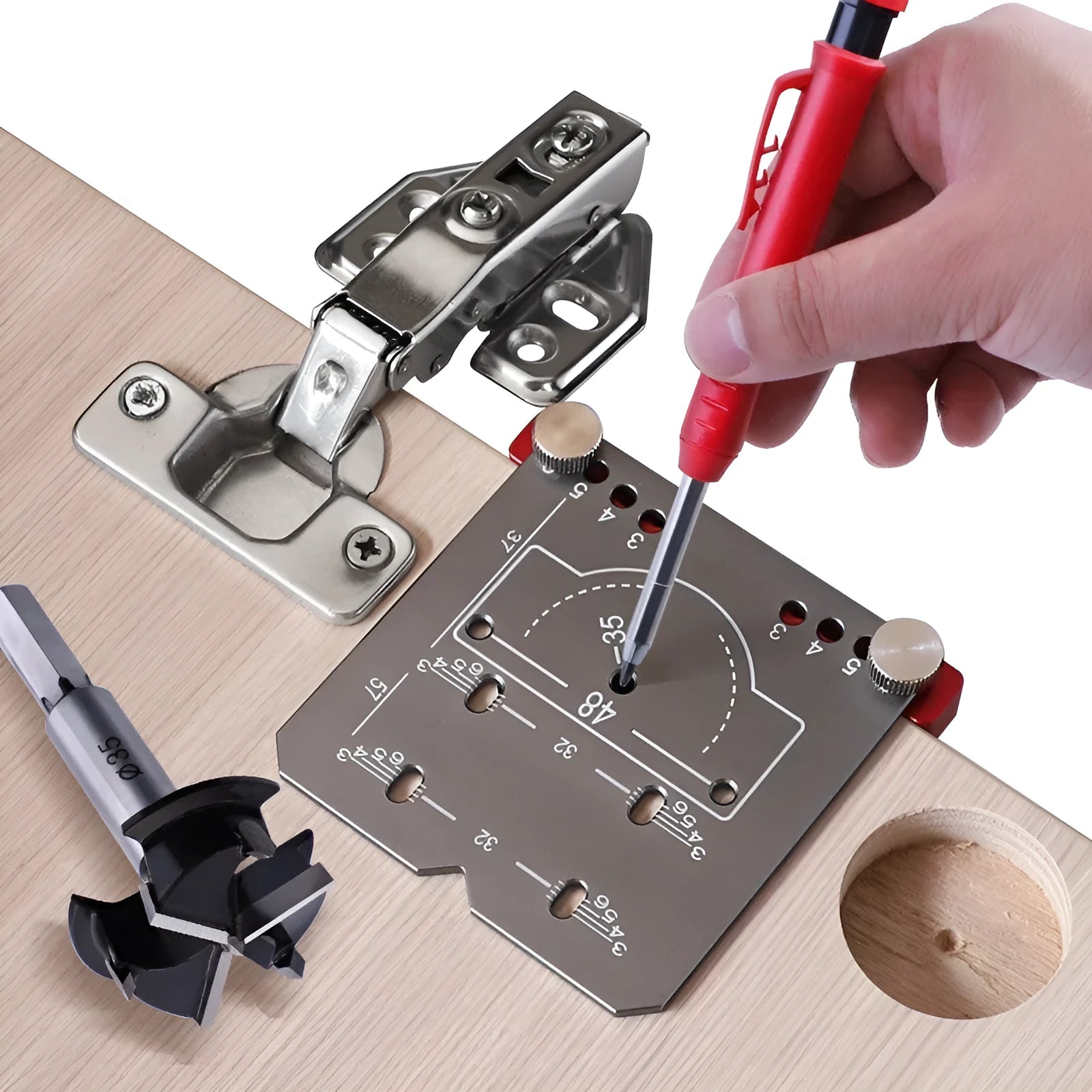 Red aluminium alloy hinge punch locator tool for 35mm cabinet door hinge installation
