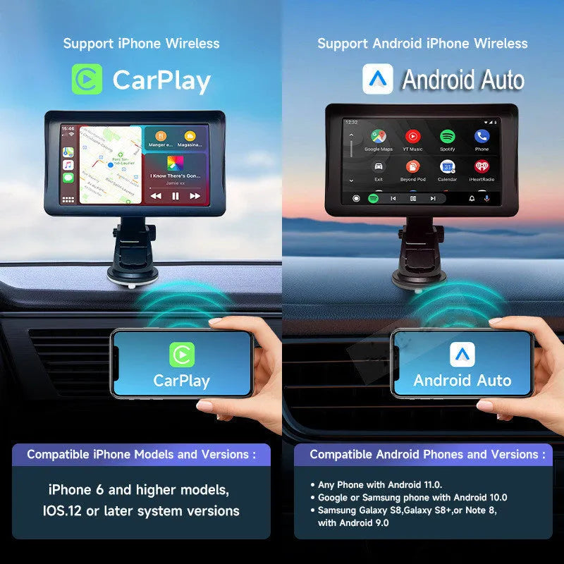 7-inch portable car smart display with retractable mount on a car dashboard showing navigation