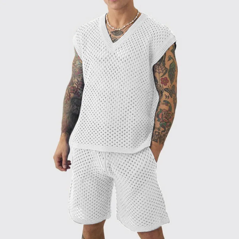 Men's blue V-neck vest and matching shorts summer sports suit