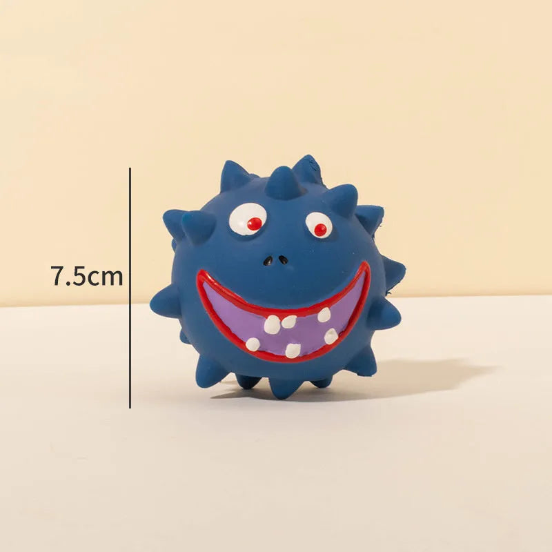 Four coloured natural latex squeaky dog balls with cute faces, each measuring 7.5cm