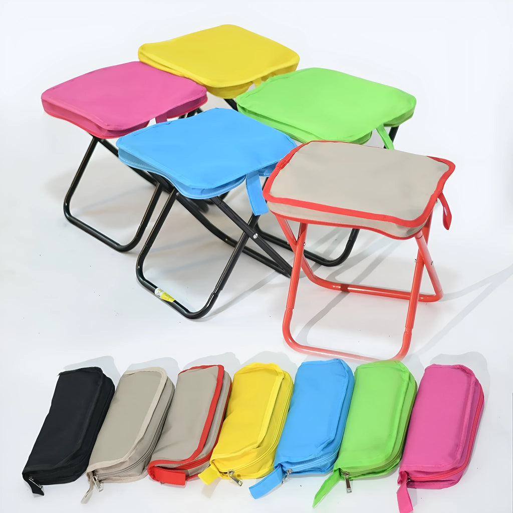 Lightweight foldable camp stool in Oxford cloth, shown in a khaki colour, folded for carrying.