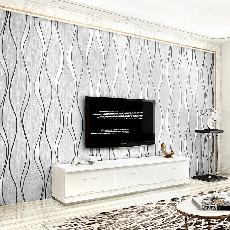 Roll of curve stripe patterned 3D wallpaper in dark brown deerskin velvet texture for video wall backgrounds.