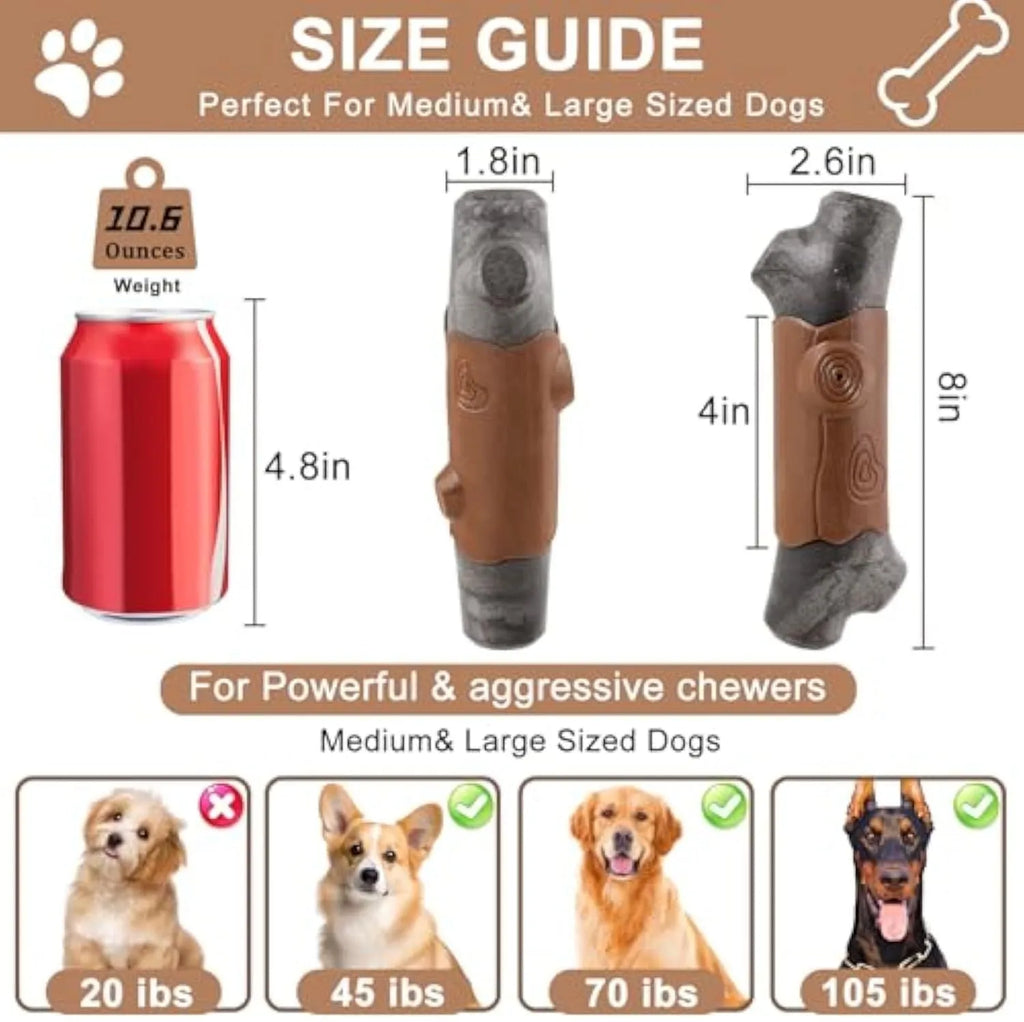 Large, branch-shaped indestructible dog chew toy for aggressive chewers with bacon flavour.