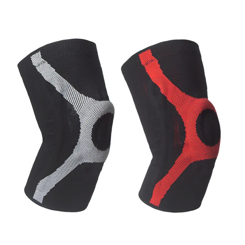 Red and grey silicone kneecap sports pads for running and climbing in four sizes
