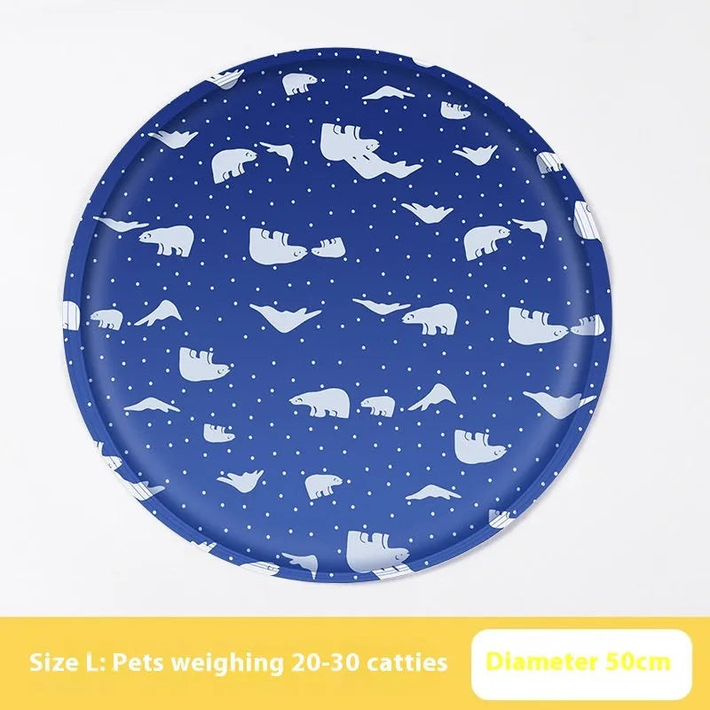 Round pet cooling mat with cartoon animal design showing blue polar bear pattern on cloth surface