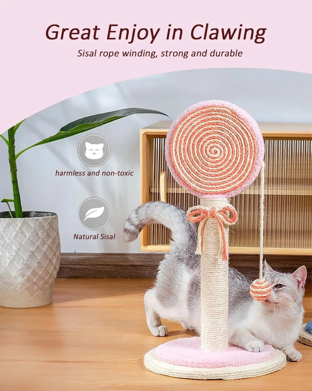 Blue sisal rope cat scratching post with a hanging toy ball on a sturdy wooden base.