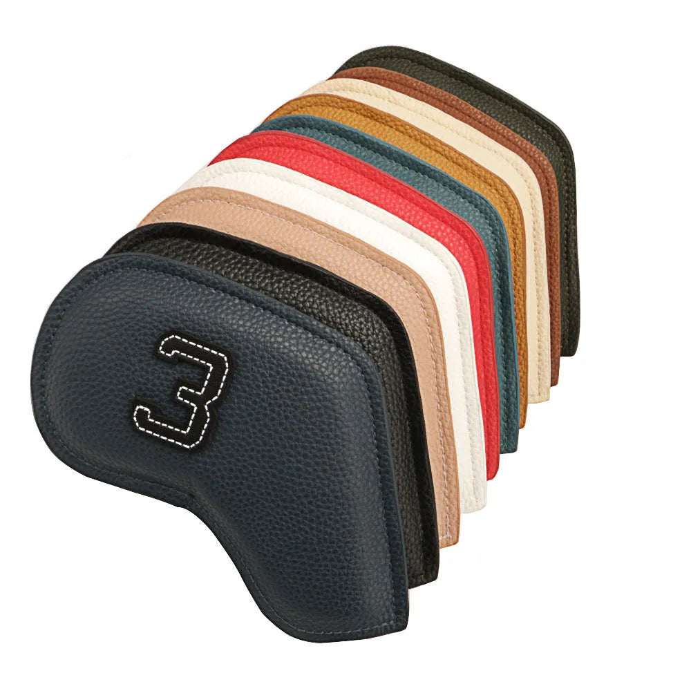 Set of 10 digitally printed PU golf club head covers in mixed colours.