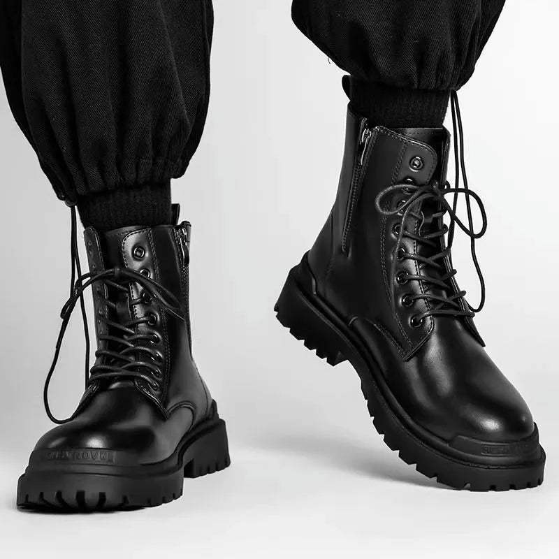 Men's black mid-top waterproof Martin boots with a rubber sole on a white background.