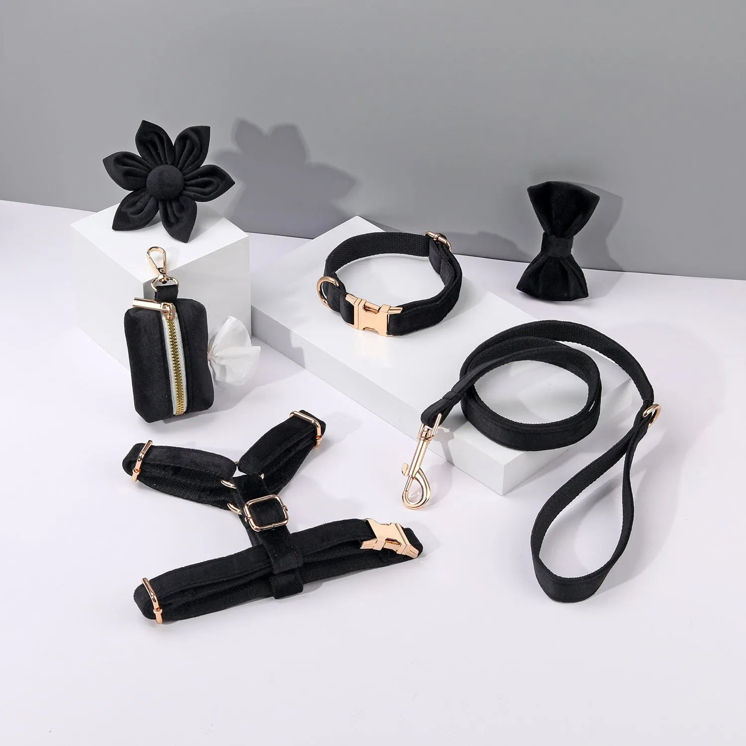 Classic velvet soft pet collar traction rope set with matching harness and accessories in multiple colour options