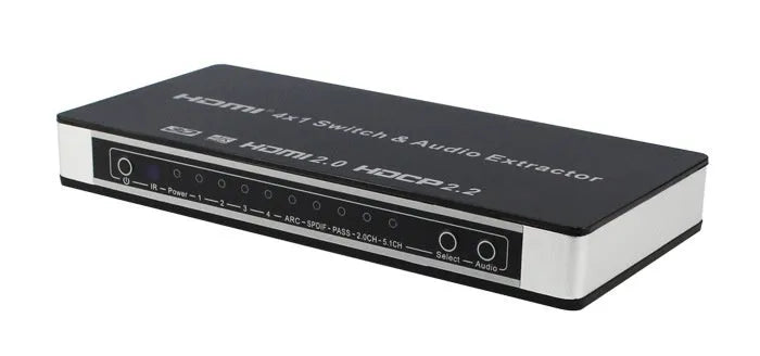 Black HDMI switch unit with four input ports, one output port, remote control, and UK plug power adapter.