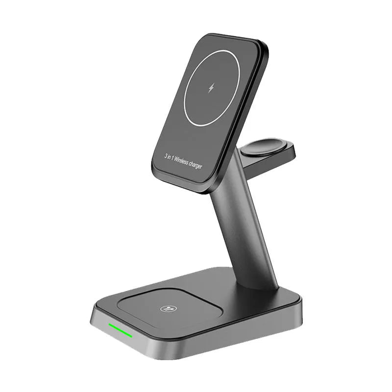 Black minimalist wireless charging station with vertical phone charging and integrated power bank