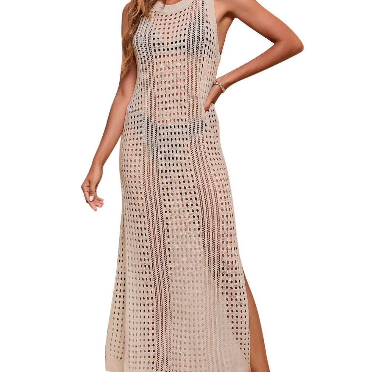 Women's long loose beach blouse with hollow-out knitted design in apricot colour