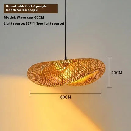 Bamboo straw hat-shaped hanging pendant lamp with natural woven shade for ceiling installation