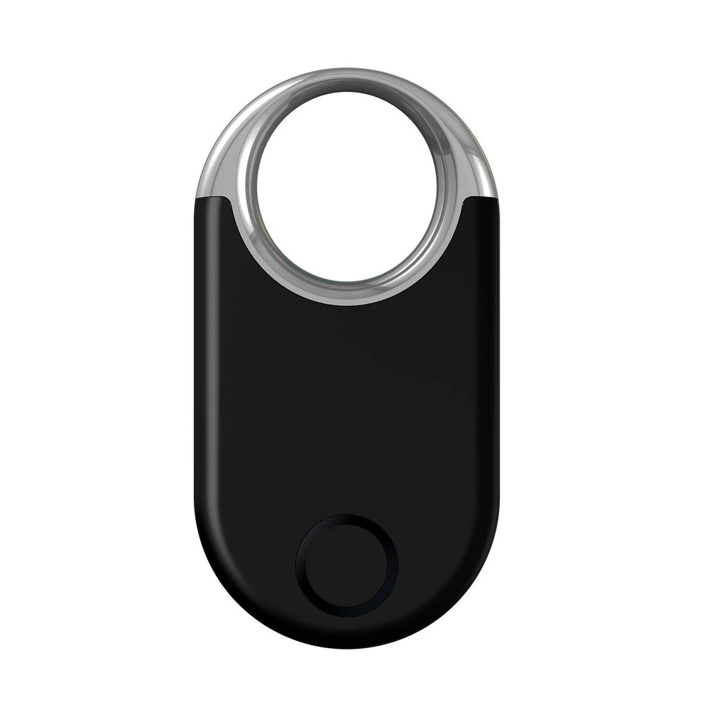 Compact black GPS tracking device for pets and children showing front display and side profile
