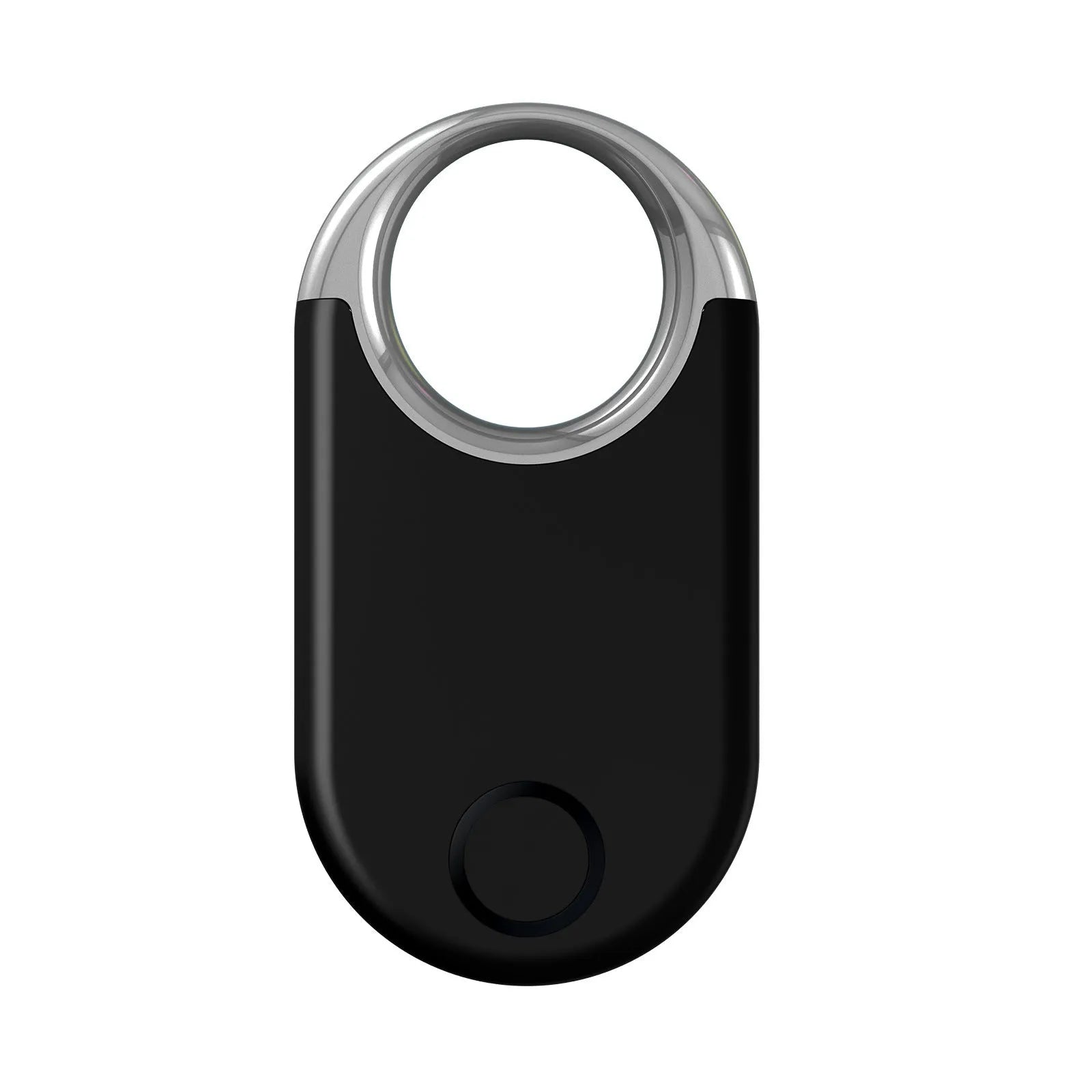 Compact black GPS tracking device for pets and children showing front display and side profile