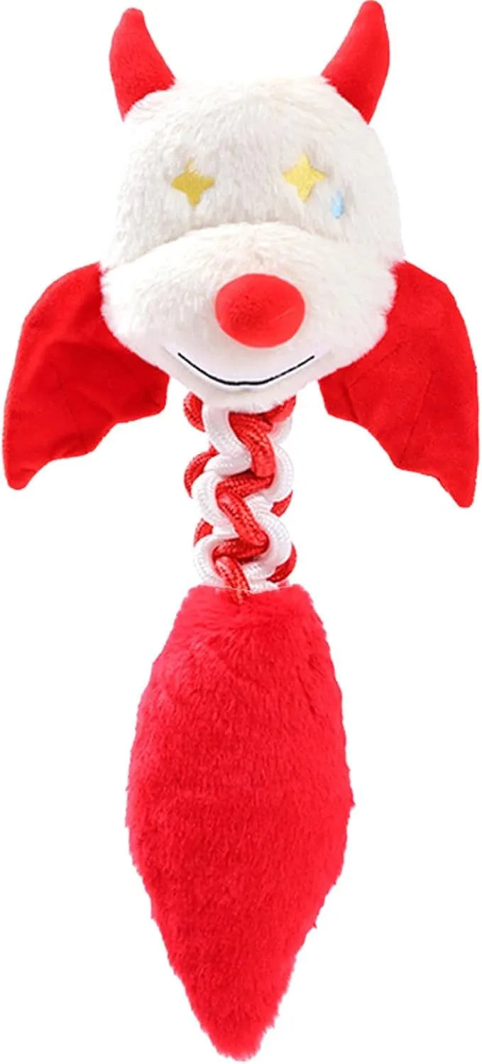 Large plush dog toy in red with cartoon design, featuring a rope knot and suitable for aggressive chewers