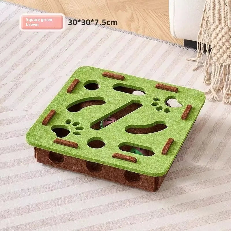 Felt cat toy box 30cm with scratching surface and hiding holes in green brown colour