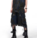 Blue hooded denim vest coat and matching trousers set on a man, showing Korean style fit.