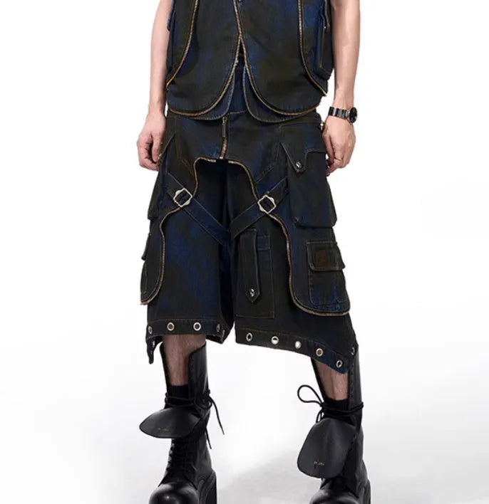 Blue hooded denim vest coat and matching trousers set on a man, showing Korean style fit.