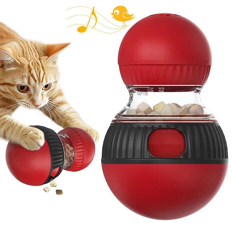 Rotating plastic cat toy ball with food compartment and sound mechanism for indoor pet play