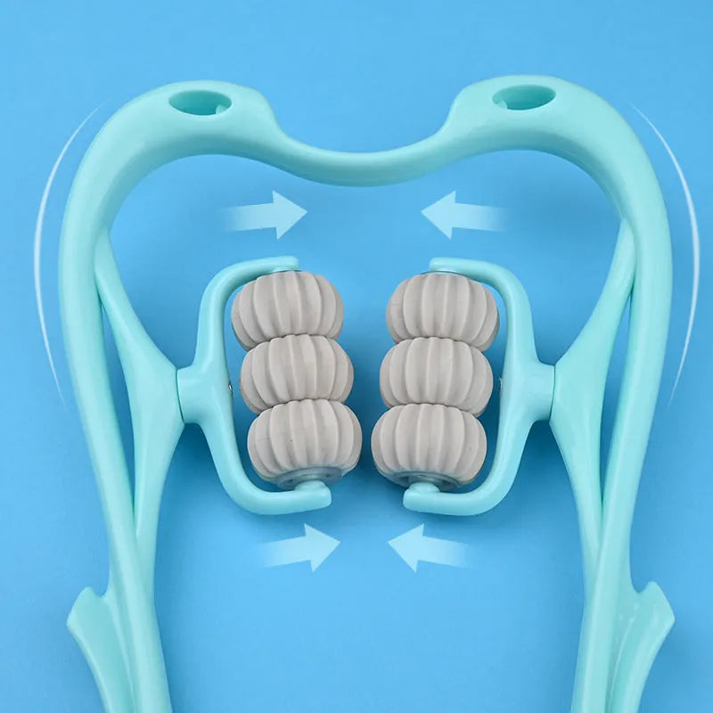 Blue plastic six-wheel neck and shoulder massager showing rotating mechanism