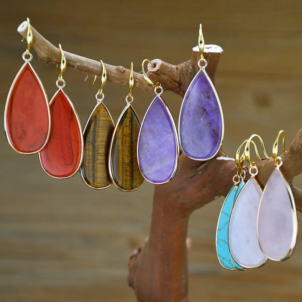 Vintage long drop earrings made of stone in Tigereye, Amethyst, Pink Crystal, Redstone, or Turquoise.