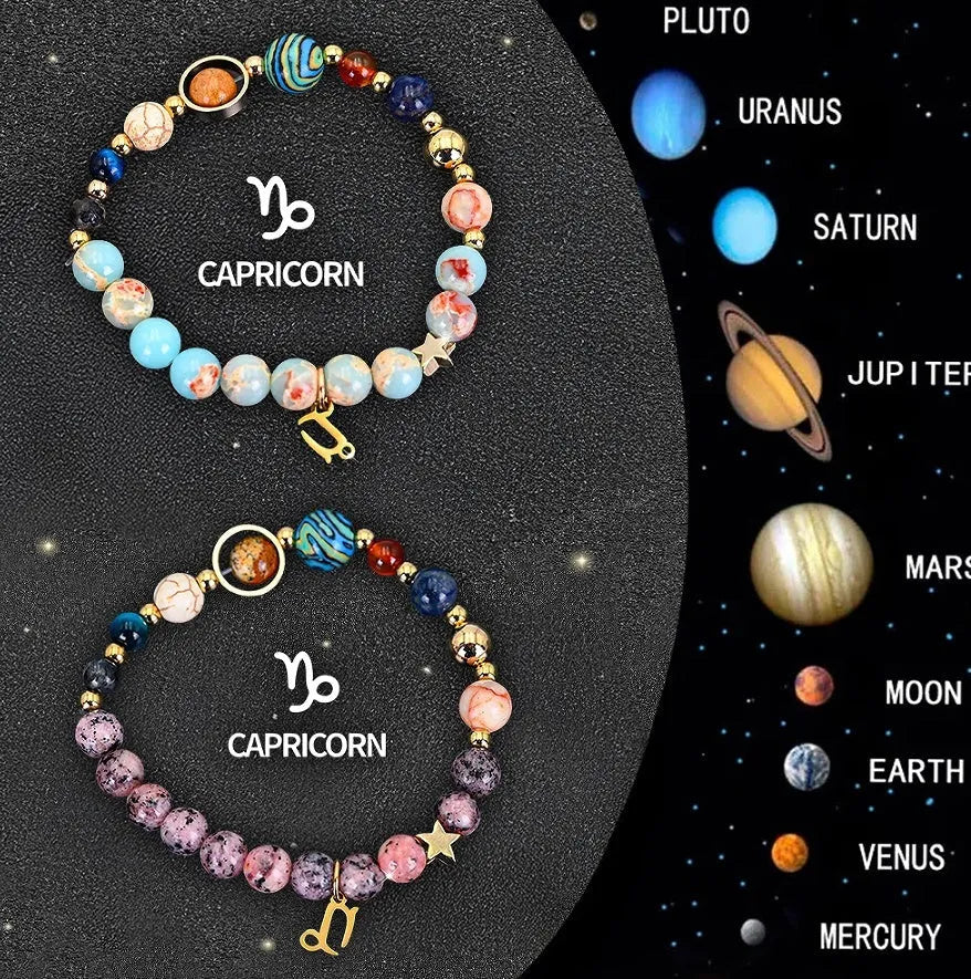 Two natural stone beaded bracelets featuring twelve zodiac sign symbols for astrology lovers.