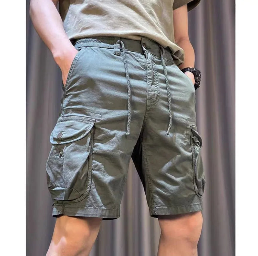 Korean style loose straight overalls trousers with multiple pockets in micro-elastic polyester