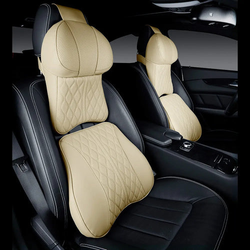Car neck pillow and lumbar support set with wavy pattern leather embroidery in multiple colour options