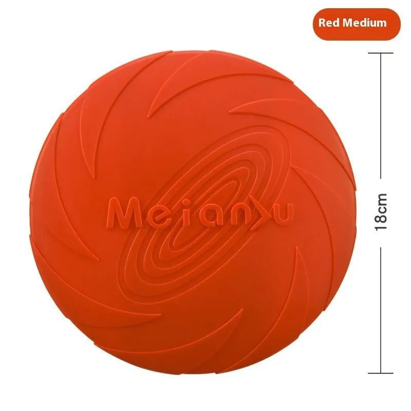Soft rubber dog frisbee in red, blue, or green colours in small, medium, or large sizes