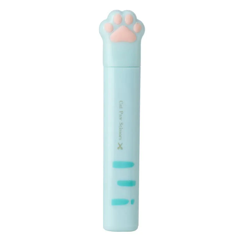 Cat paw mini folding scissors showing stainless steel blades and four colour options: pink, white, black, and blue