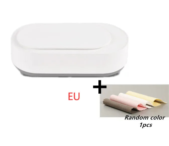 White portable ultrasonic cleaner machine with stainless steel tank for cleaning jewellery and glasses.