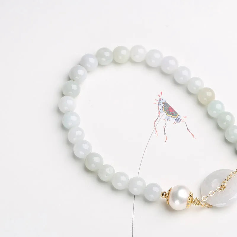 Jade green pearl bracelet with geometry shape pendant and manual processed emerald peace buckle clasp