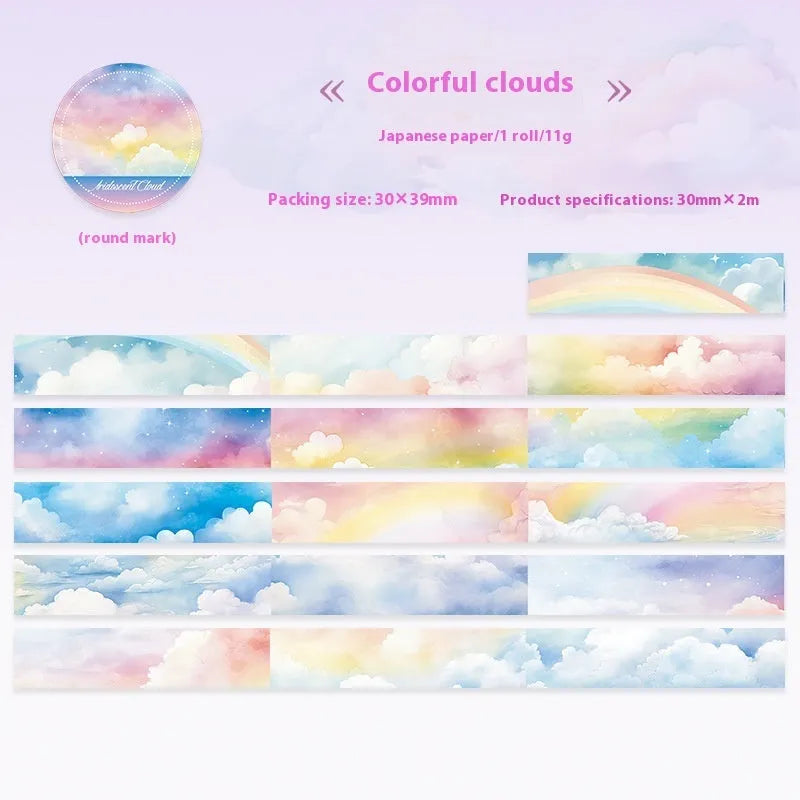 Roll of Japanese paper washi tape with sky theme designs showing colourful cloud pattern