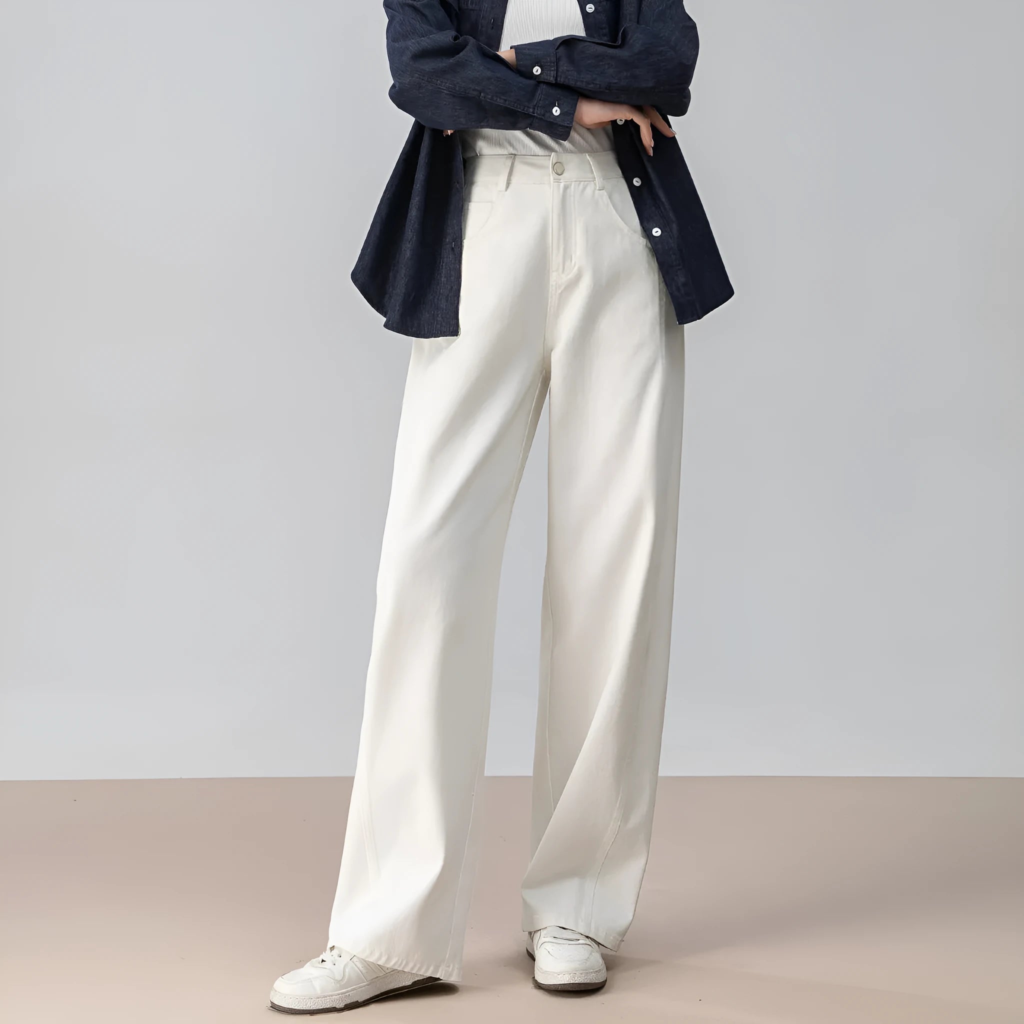 High-waisted curved sickle wide-leg pants in off-white soft denim cotton trousers with slight stretch for women