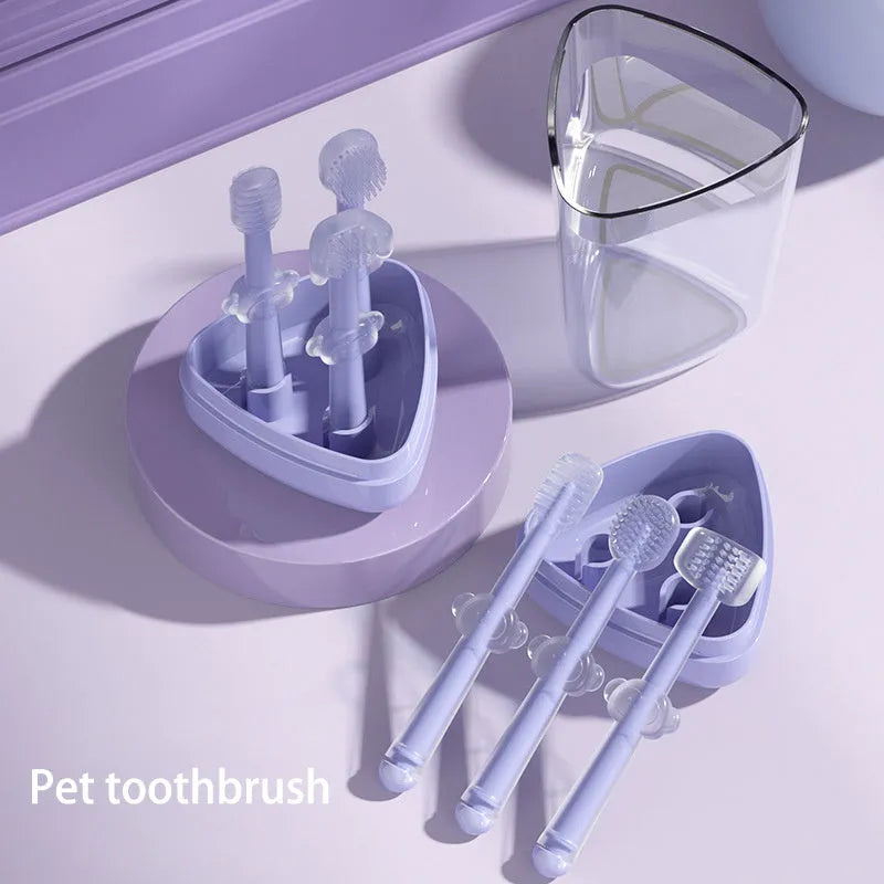 Silica gel pet toothbrush for cats and dogs in blue, green and purple colours