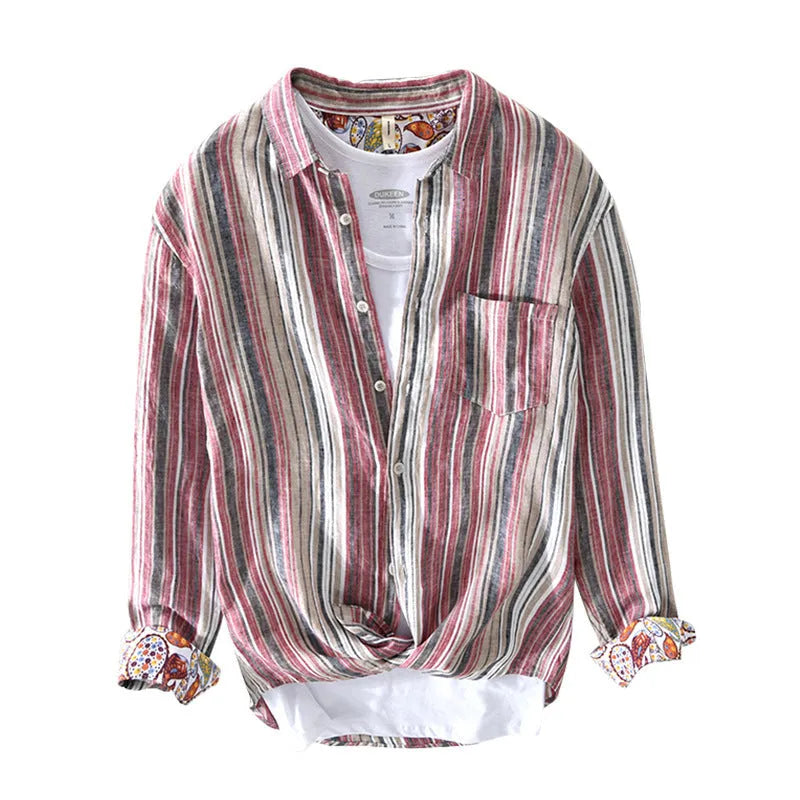 Red and grey striped linen shirt for men on a hanger, showing long sleeves and loose casual fit.