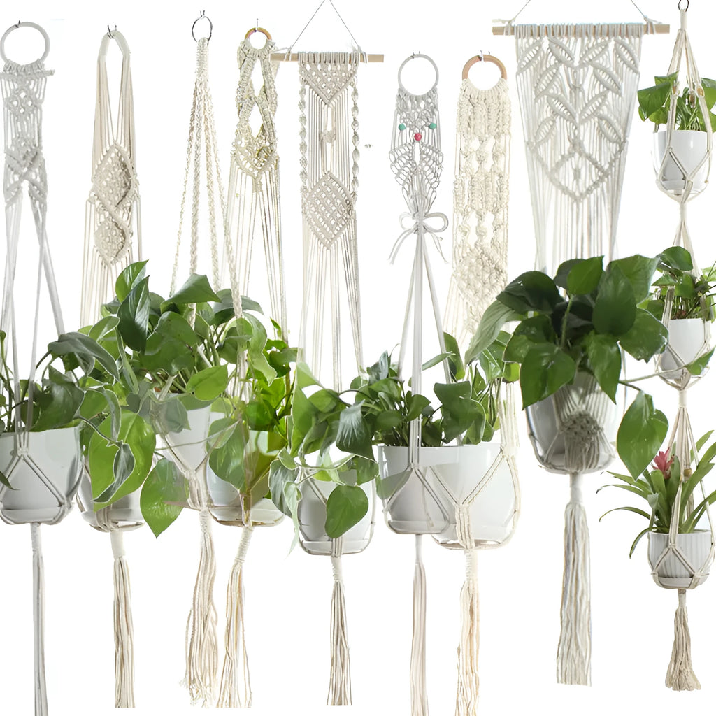 Beige cotton rope flower pot net bag handmade plant hanger hanging basket sling with adjustable bottom