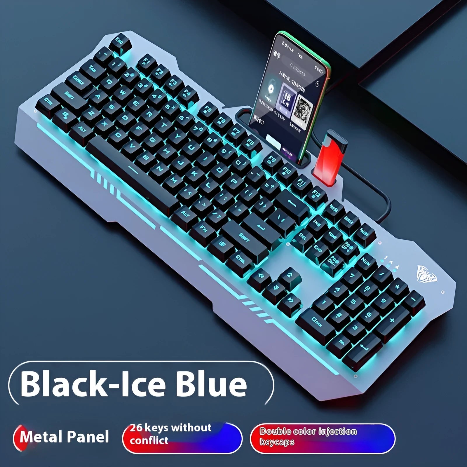 F3010 black and white metal gaming keyboard, mouse, and headset bundle with single-colour LED backlighting.