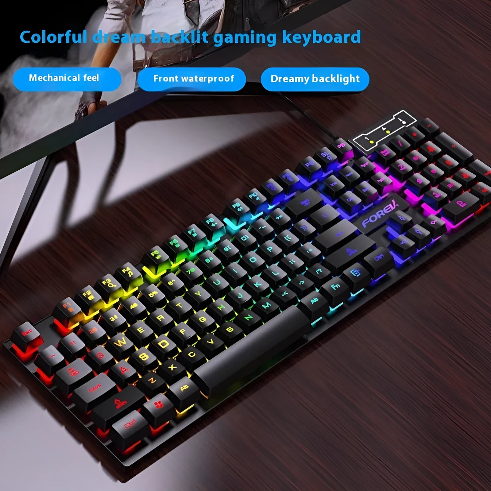 Black gaming keyboard and mouse bundle with backlit keys on 37.5cm keyboard