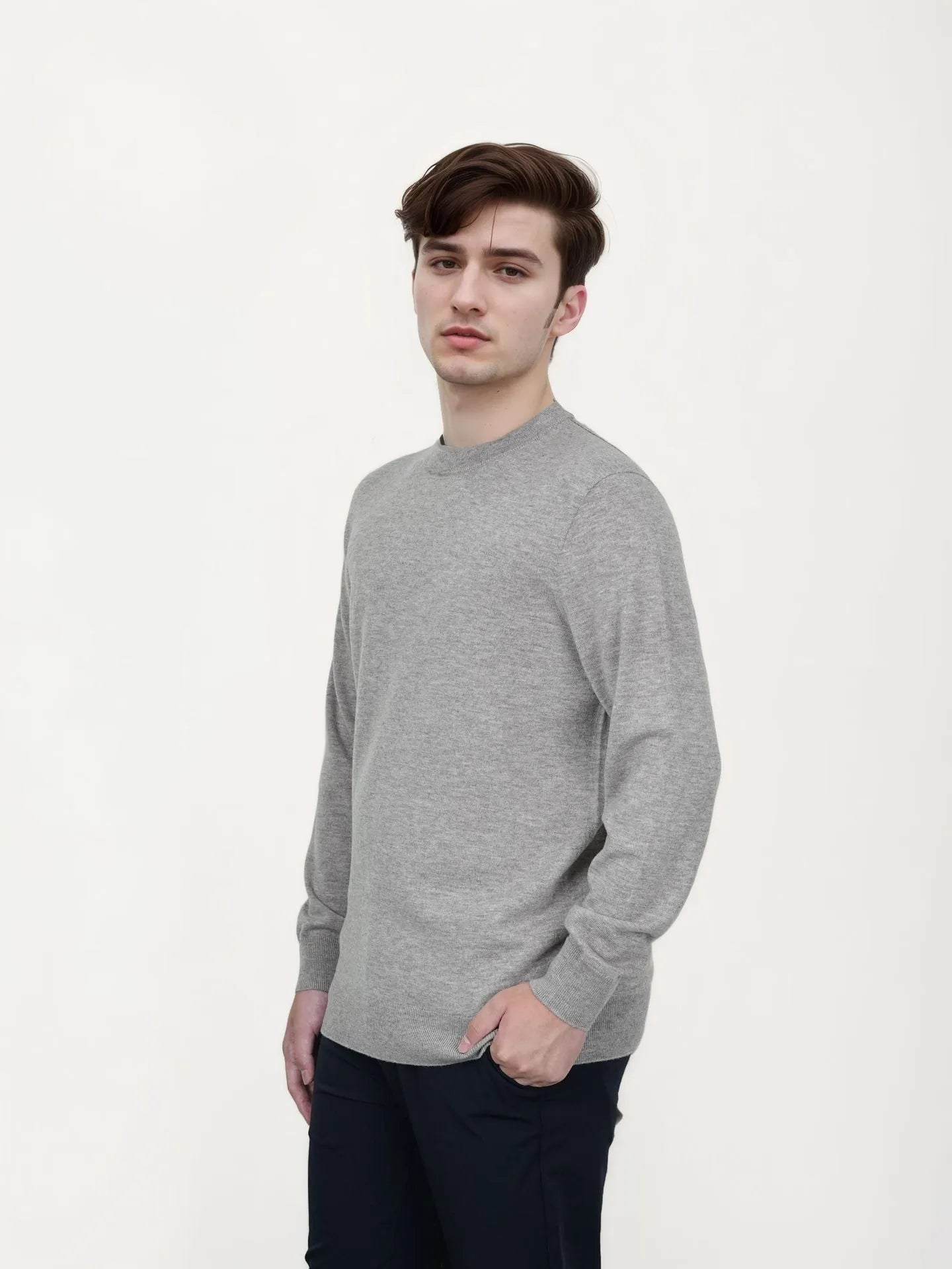 Men's regular fit wool pullover sweater in light camel colour, showing long sleeves and classic knit texture.